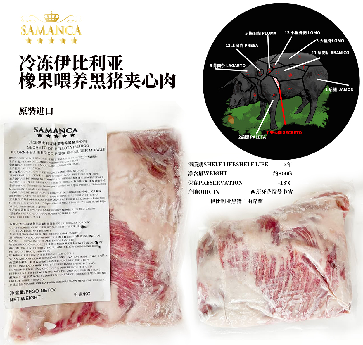 萨曼卡 西班牙进口 冷冻伊比利亚橡果喂养黑猪夹心肉西餐 SECRETO