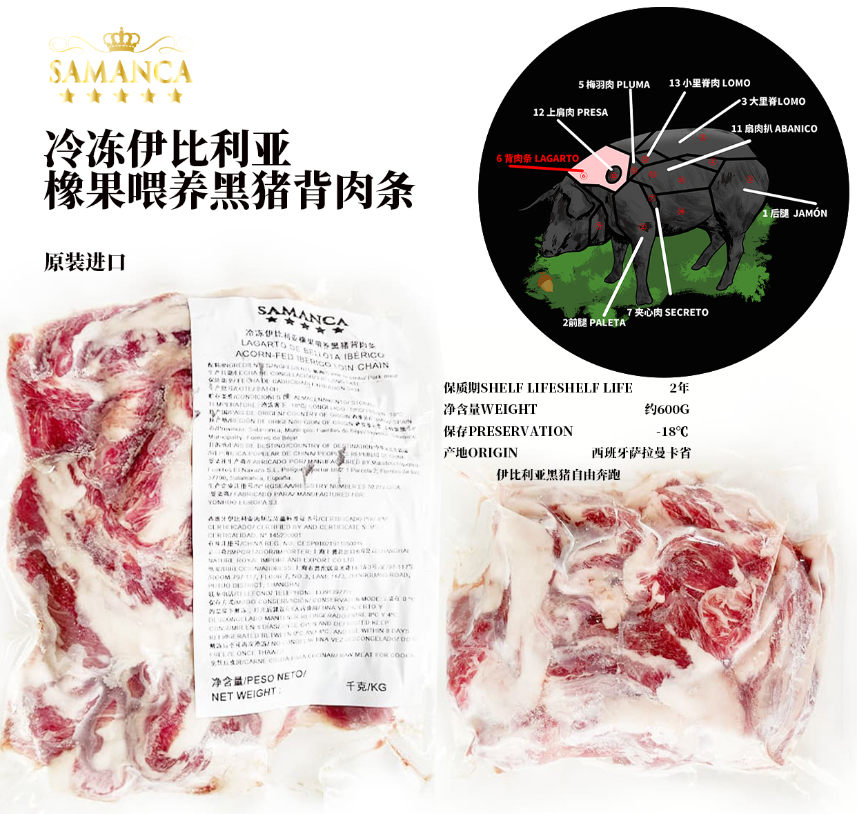 萨曼卡 西班牙进口冷冻伊比利亚橡果喂养黑猪背肉条西餐 LAGARTO