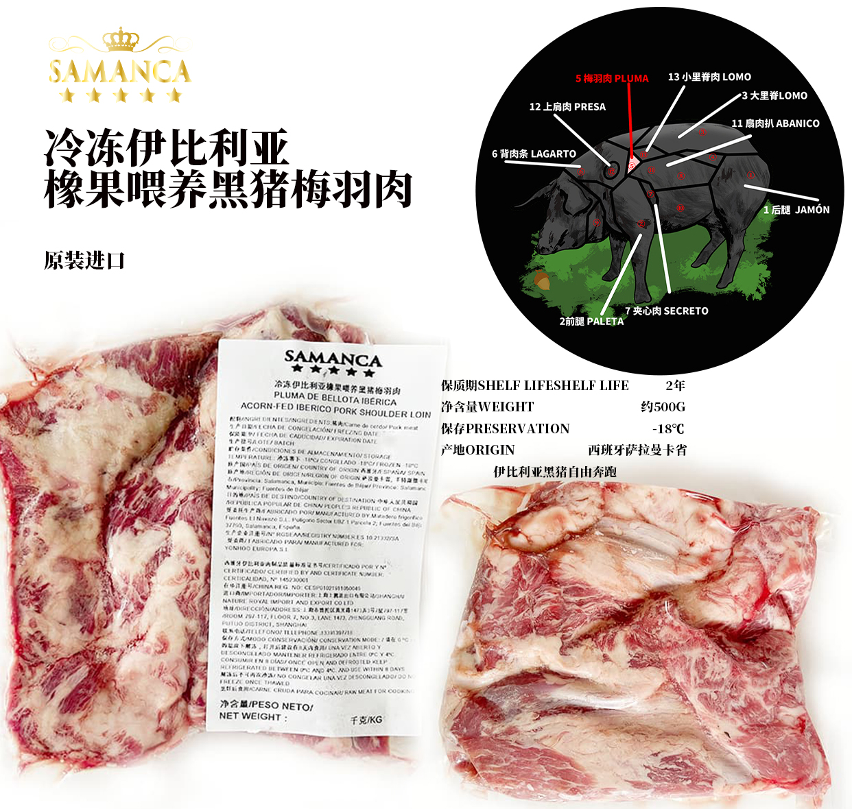 萨曼卡 西班牙进口冷冻伊比利亚橡果喂养黑猪梅羽肉西餐原料PLUMA